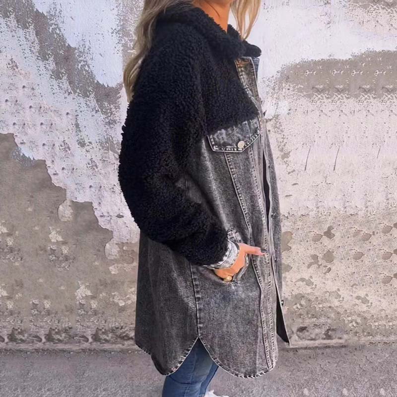 Langer Denim Mantel Damen mit Sherpa-Fütterung 2