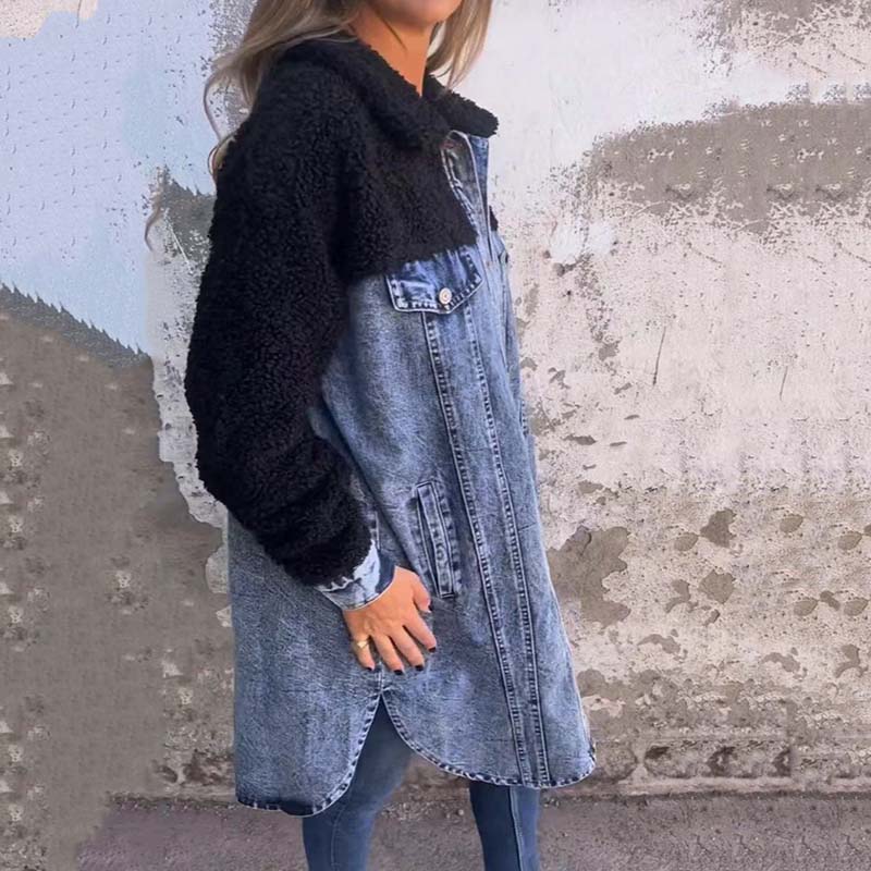 Langer Denim Mantel Damen mit Sherpa-Fütterung 4