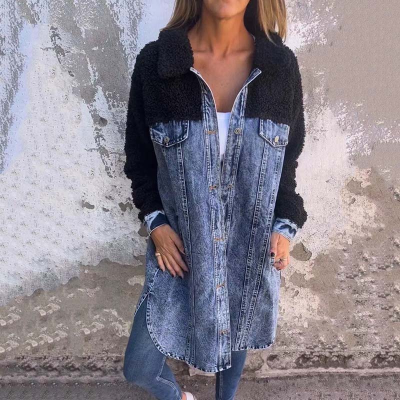 Langer Denim Mantel Damen mit Sherpa-Fütterung 6