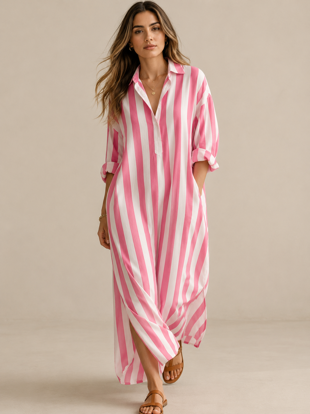 Lässiges gestreiftes Shirt Boho-Stil Maxi-Kleid
