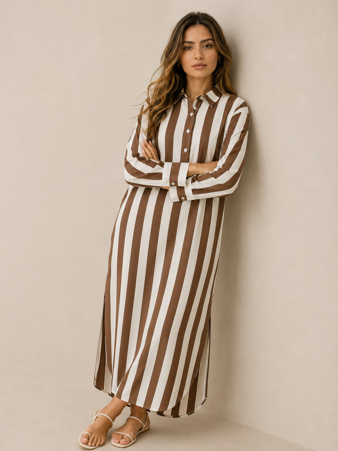 Lässiges gestreiftes Shirt Boho-Stil Maxi-Kleid