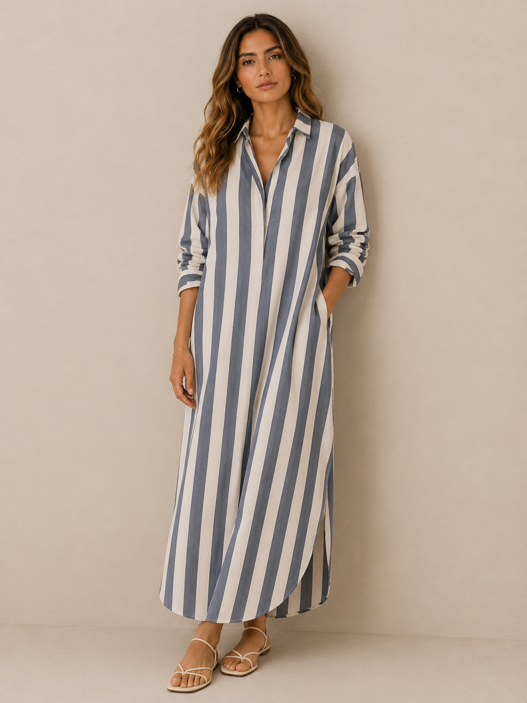 Lässiges gestreiftes Shirt Boho-Stil Maxi-Kleid