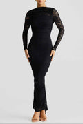 Abito maxi lungo in pizzo con effetto schiena scoperta e maniche lunghe eleganti