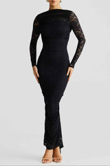 Lange Maxikleid aus Spitze mit Rückenoptik und langen eleganten Ärmeln