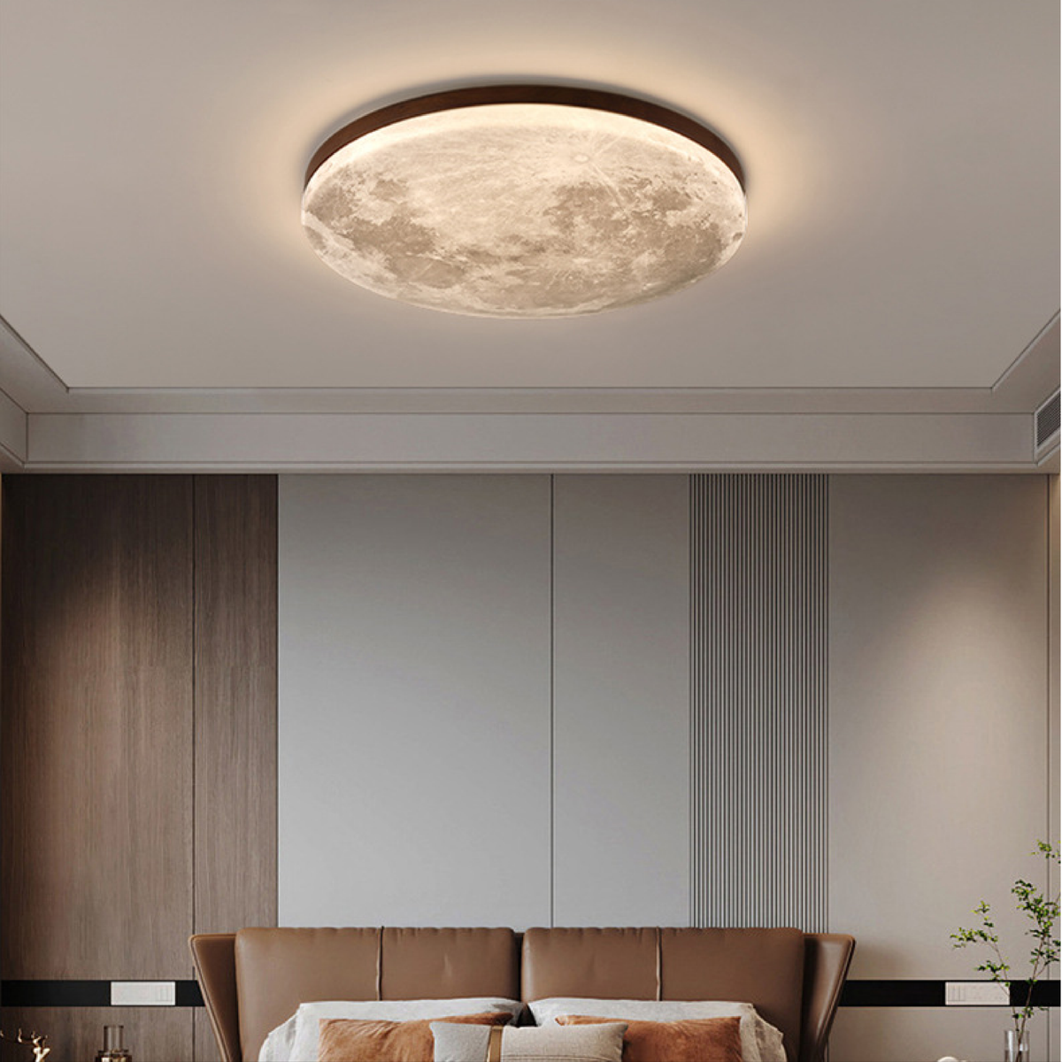 Moderne Mond-Deckenleuchte – 3D-Monddesign mit Holzrahmen