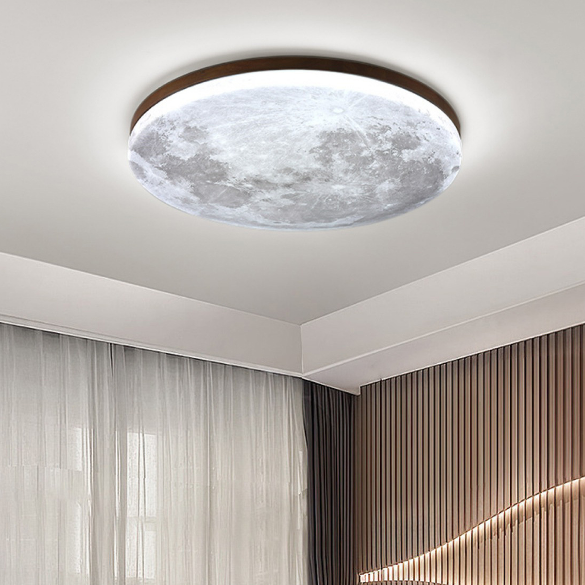 Moderne Mond-Deckenleuchte – 3D-Monddesign mit Holzrahmen