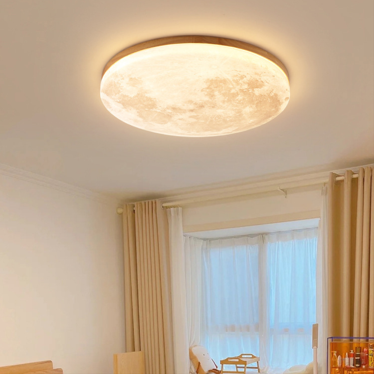 Moderne Mond-Deckenleuchte – 3D-Monddesign mit Holzrahmen