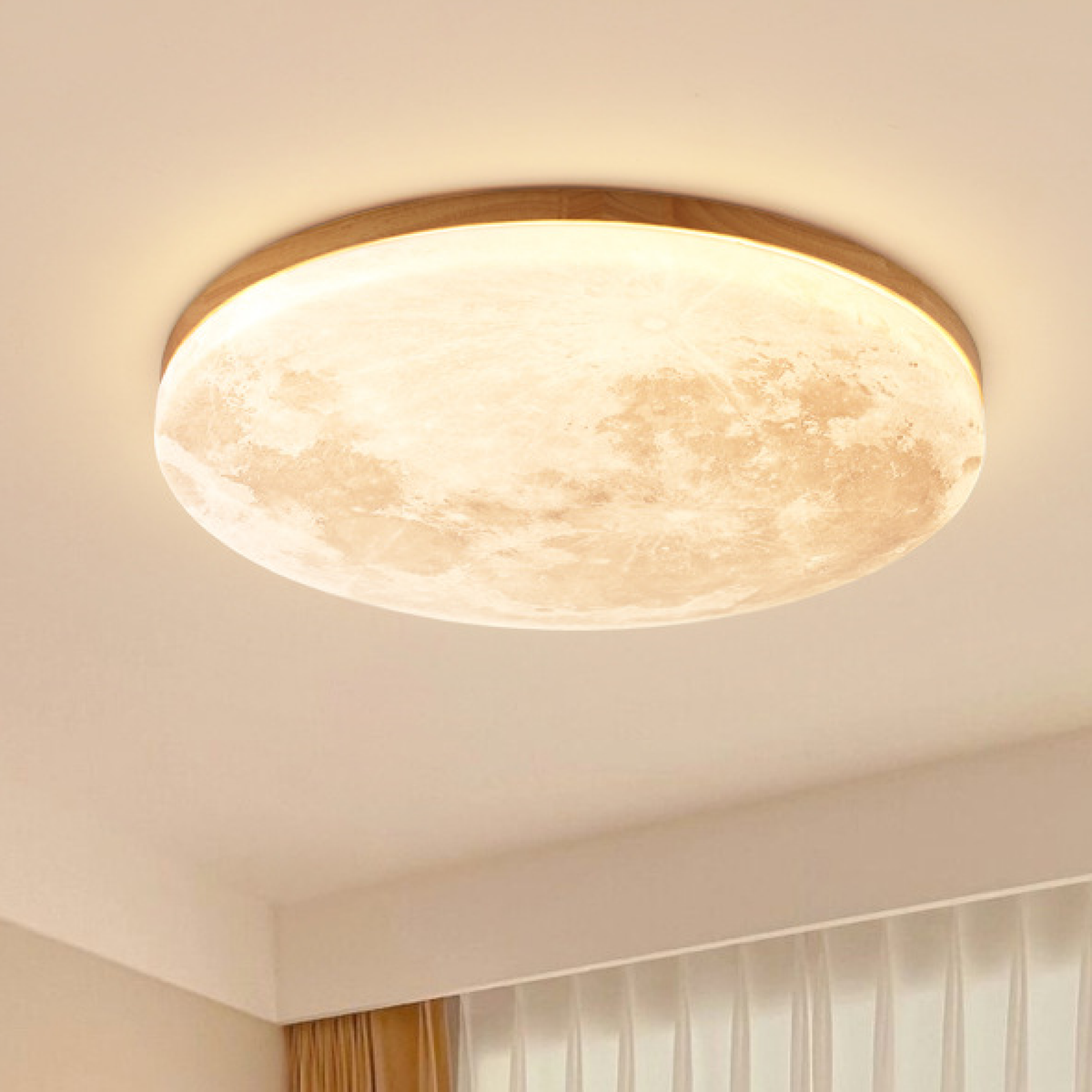 Moderne Mond-Deckenleuchte – 3D-Monddesign mit Holzrahmen
