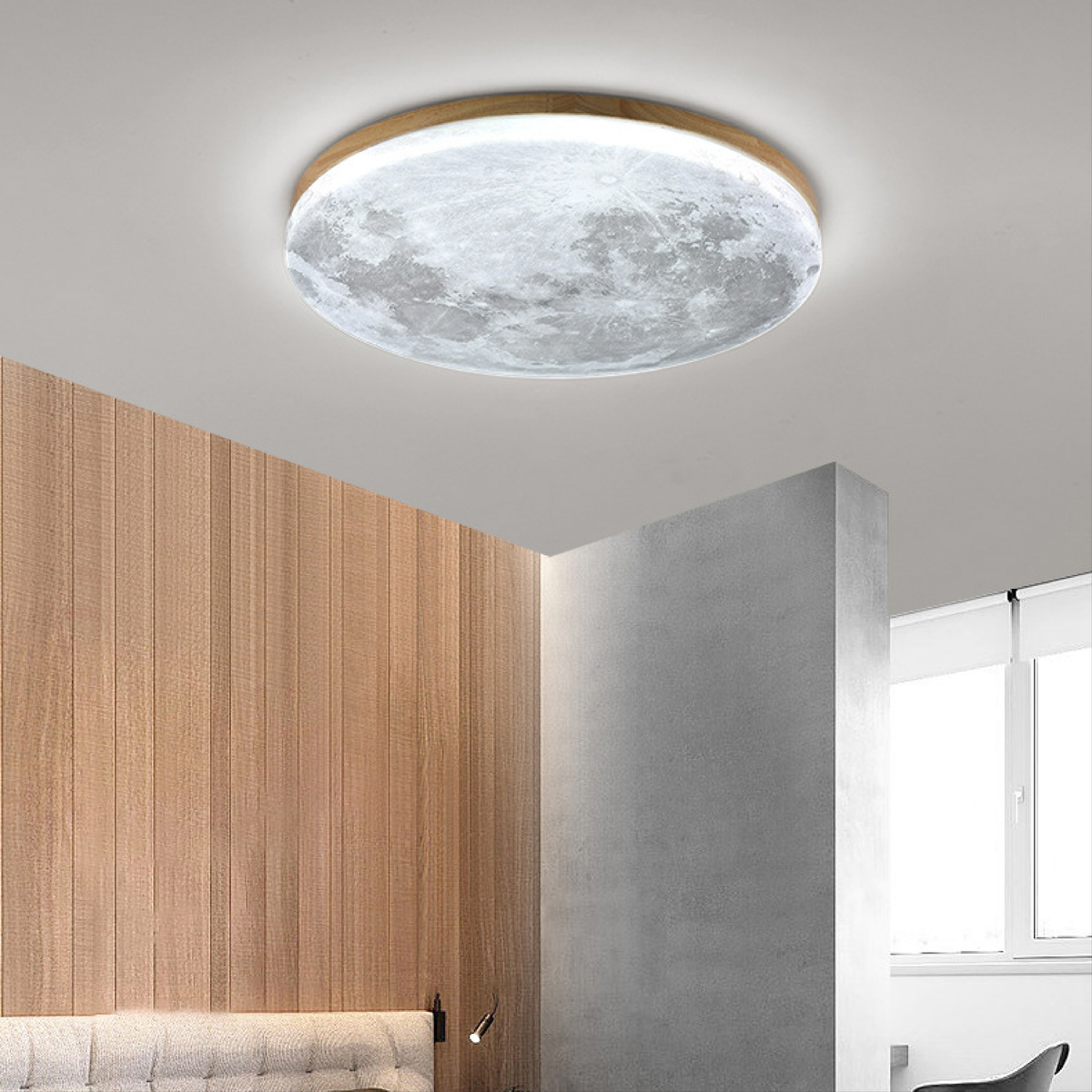 Moderne Mond-Deckenleuchte – 3D-Monddesign mit Holzrahmen