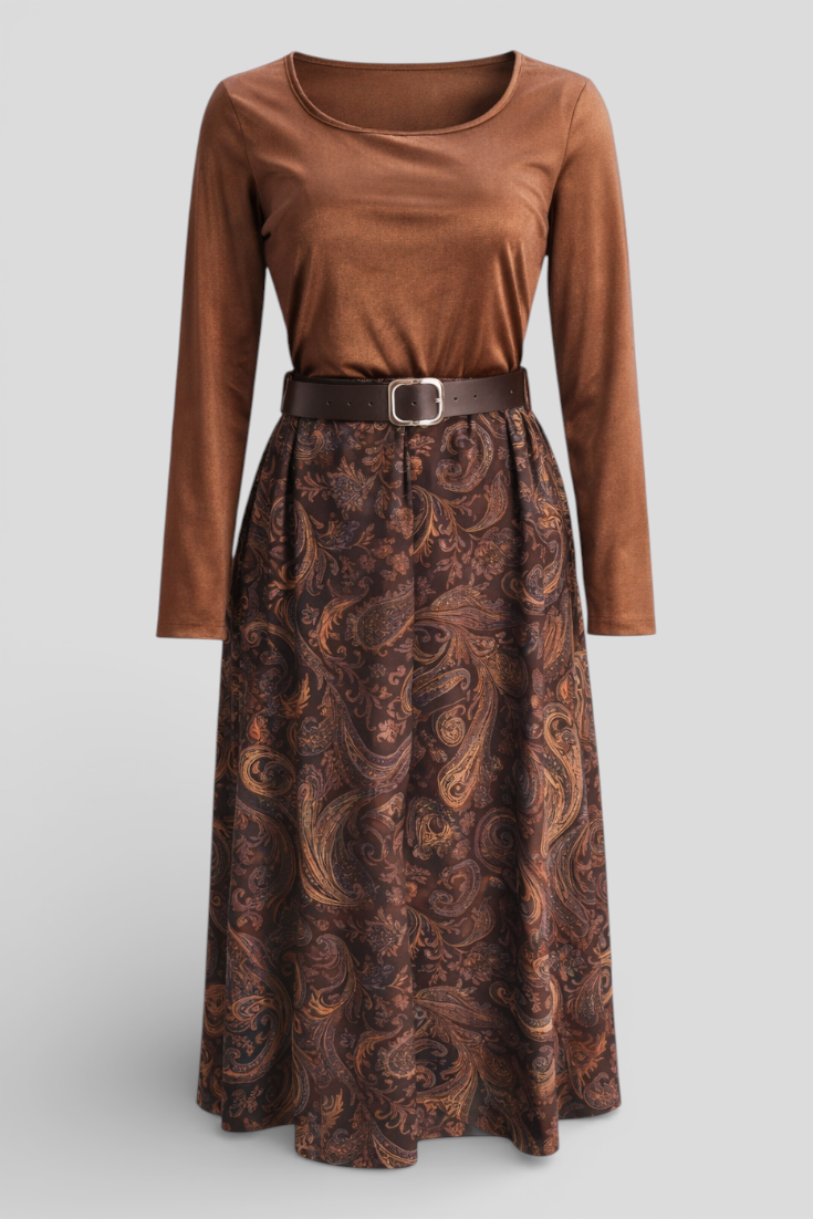 Vintage-Ensemble: Top in Samt-Optik & Paisley-Maxirock mit Gürtel