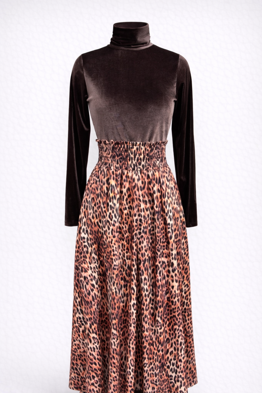 Luxuriöses Samt-Turtleneck-Top mit Leopardenmuster-Rock-Set – Elegantes und anspruchsvolles Ensemble
