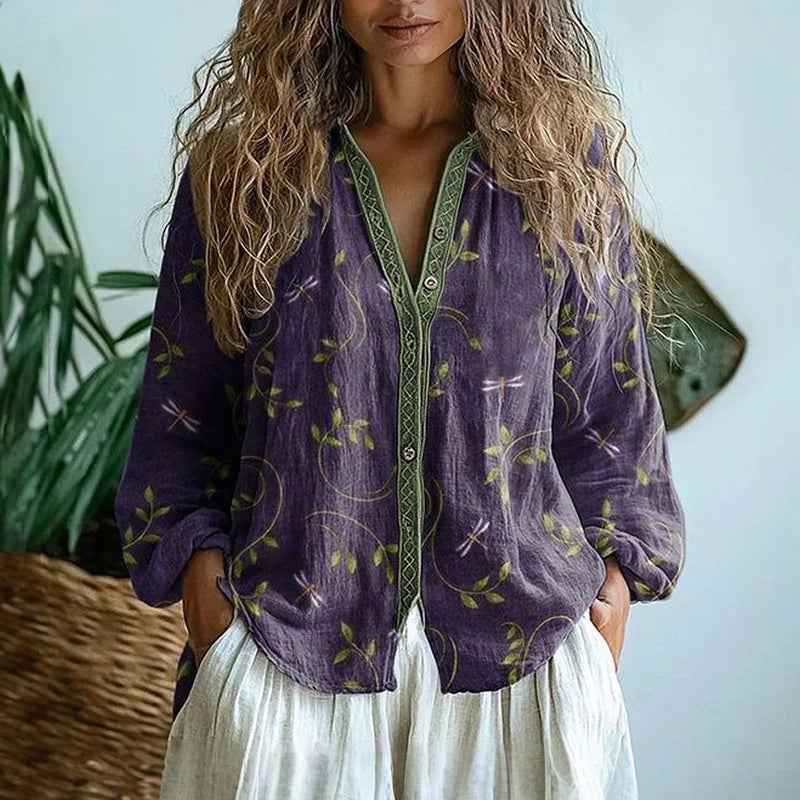 Leinenbluse Damen Boho mit Blumenprint und V-Ausschnitt
