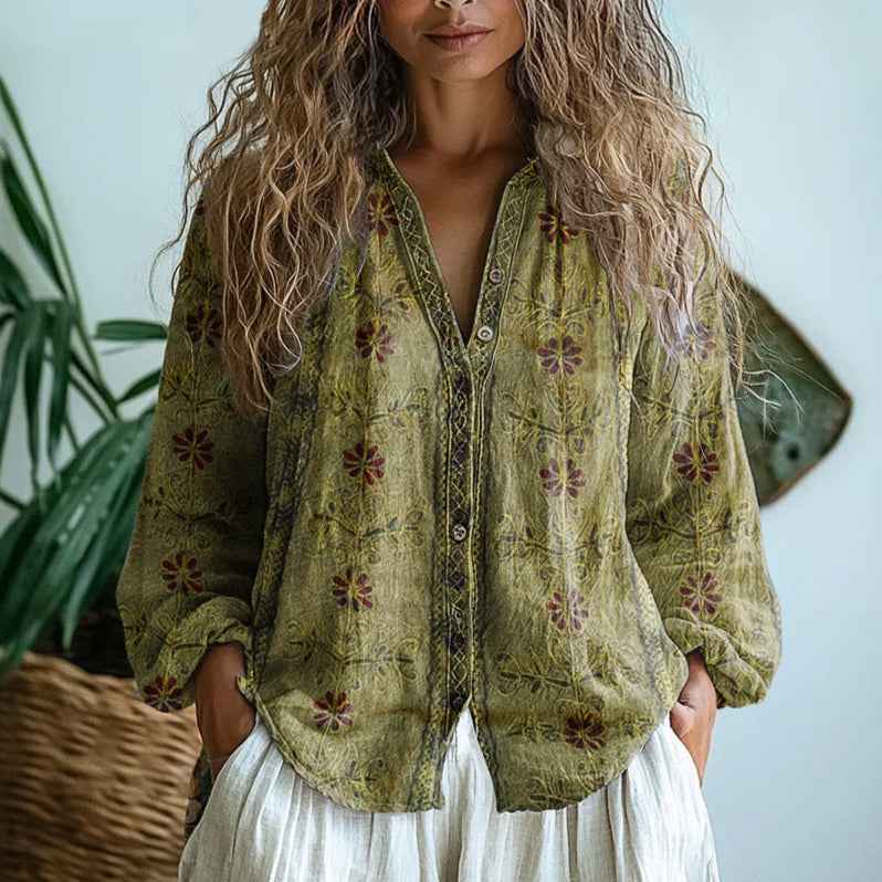 Leinenbluse Damen Boho mit Blumenprint und V-Ausschnitt