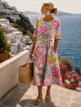Damen Midi Sommerkleid - Blumenmuster & A-Linie, 3/4-Arm