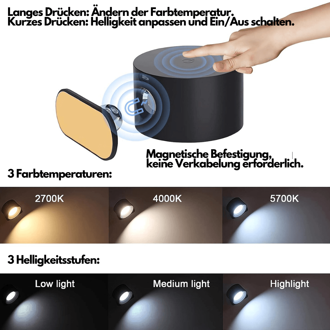 Wandleuchte mit Akku GlowFlex – 360° LED-Beleuchtung, vielseitig, elegant und praktisch