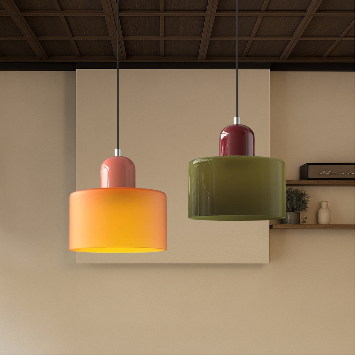 Bunte Glas-Bauhaus-Hängeleuchte – Retro Statement