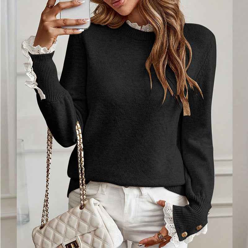 EVELYN™ Rundhals-Strickpullover mit Spitzenbesatz