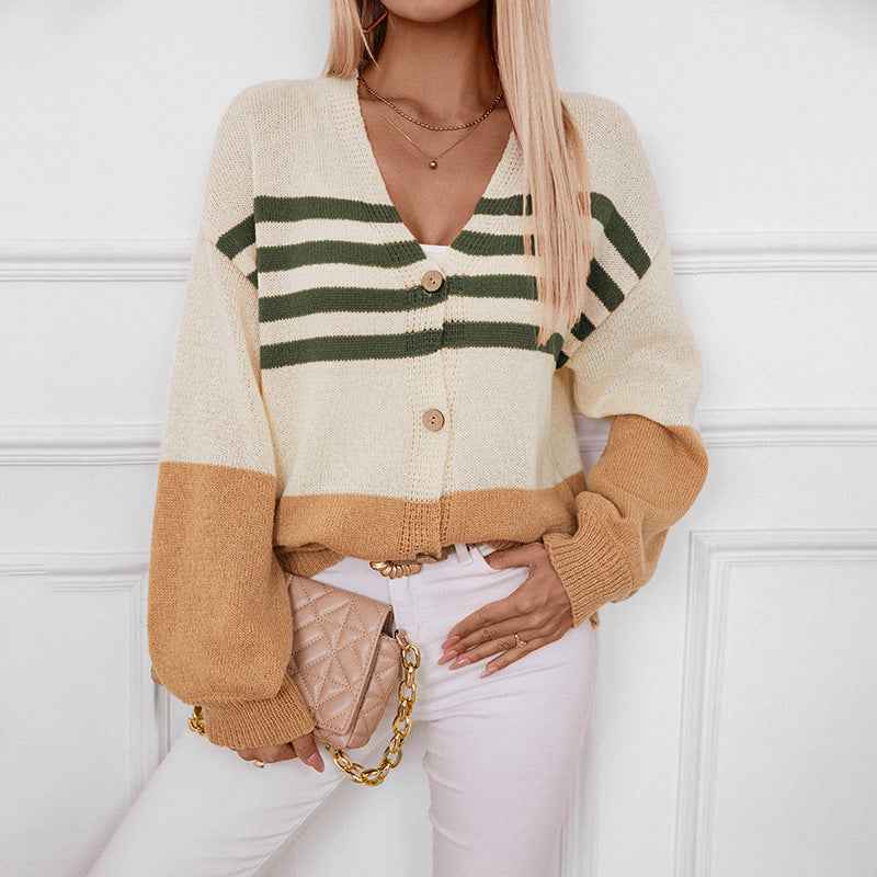 Chicer Color-Block-V-Ausschnitt-Cardigan mit Knopfleiste und langen Ärmeln