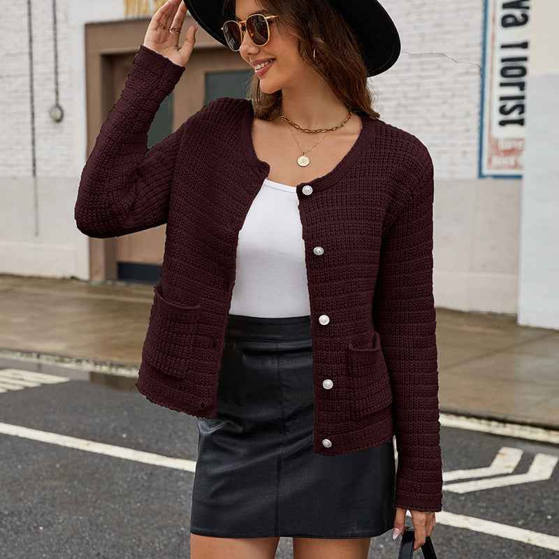 Damen-Strickcardigan – Rundhalsausschnitt, Langarm, gemütliche Alltagslage