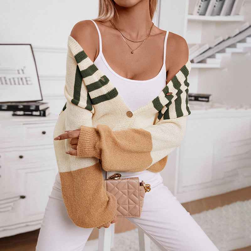 Chicer Color-Block-V-Ausschnitt-Cardigan mit Knopfleiste und langen Ärmeln