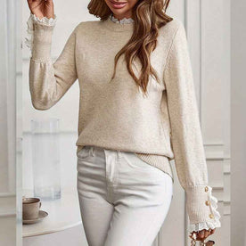 EVELYN™ Rundhals-Strickpullover mit Spitzenbesatz