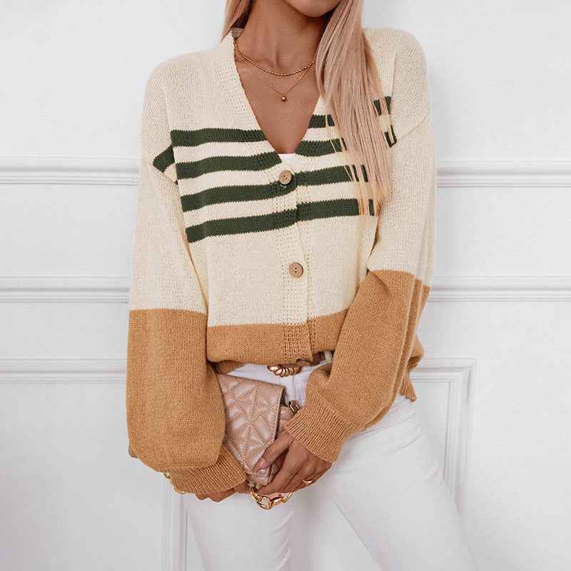 Chicer Color-Block-V-Ausschnitt-Cardigan mit Knopfleiste und langen Ärmeln