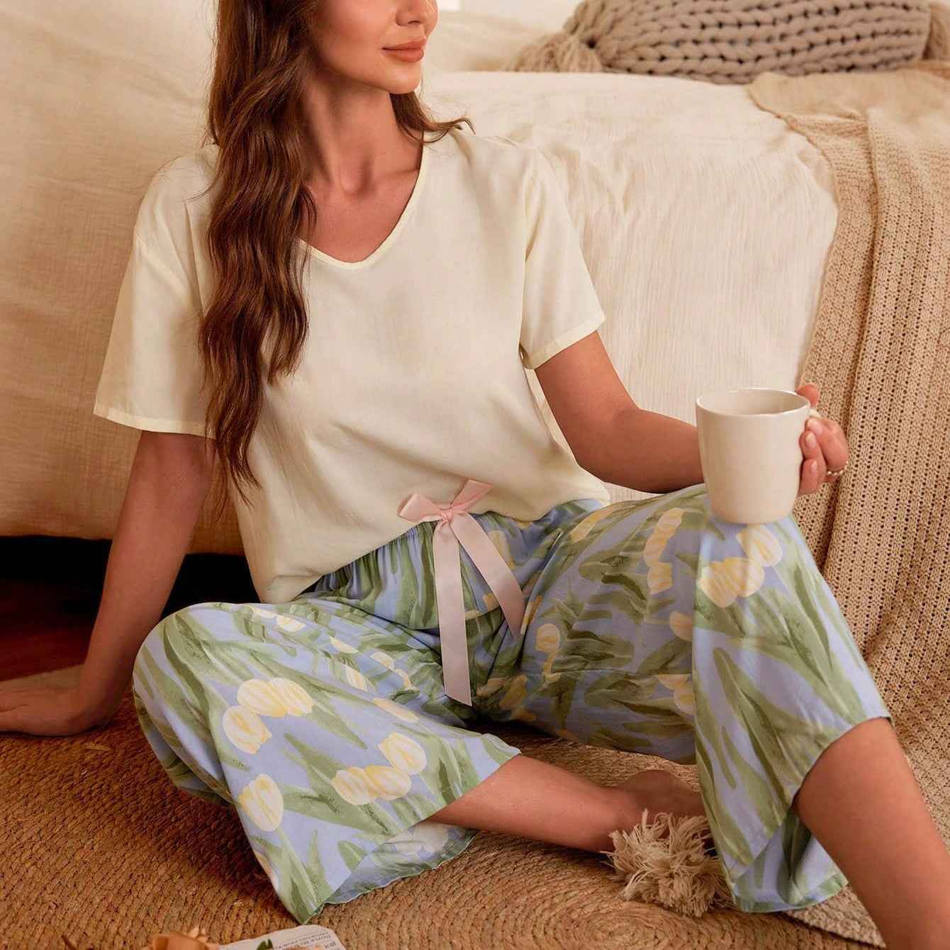 Bequemes und elegantes Wetsschutz: Sommer-Crépe-Baumwoll-Pyjama-Set