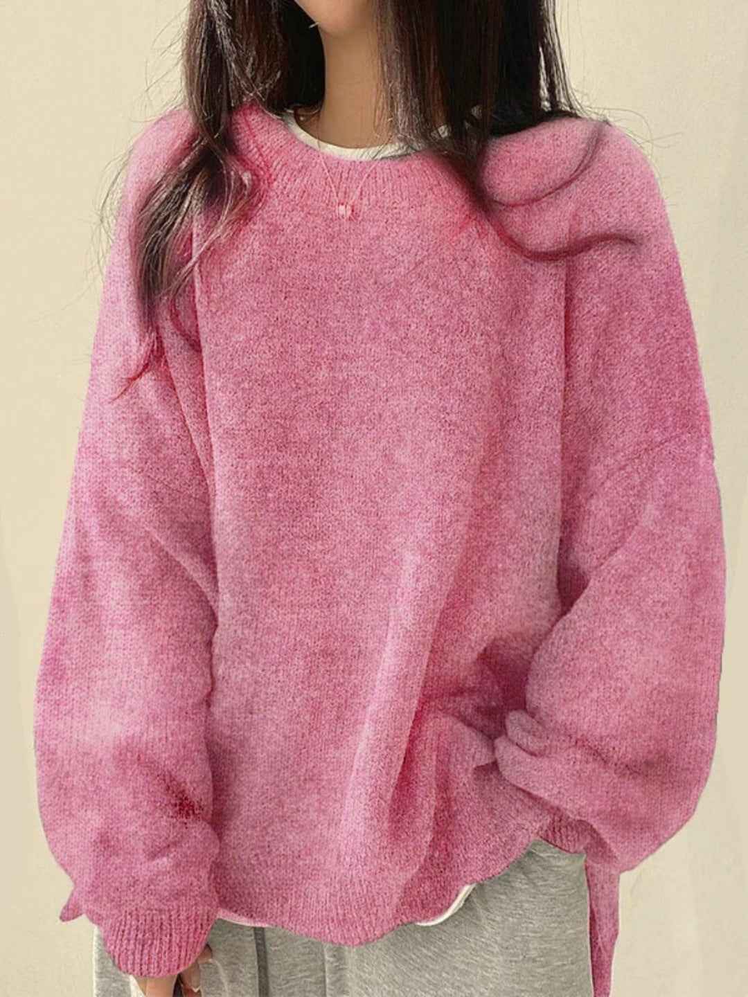 KIARA™ - Women's Drop Shoulder Split Hem Round Neck Sweater