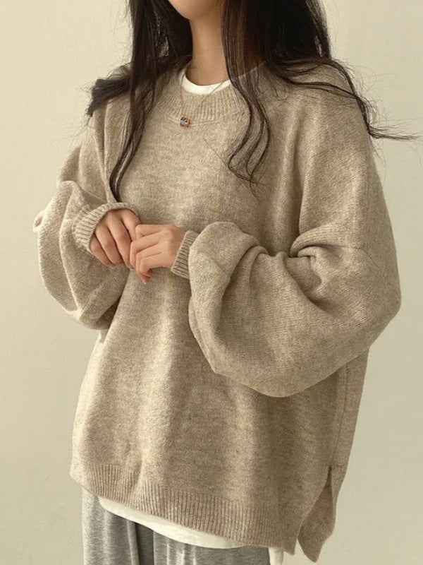 KIARA™ - Women's Drop Shoulder Split Hem Round Neck Sweater