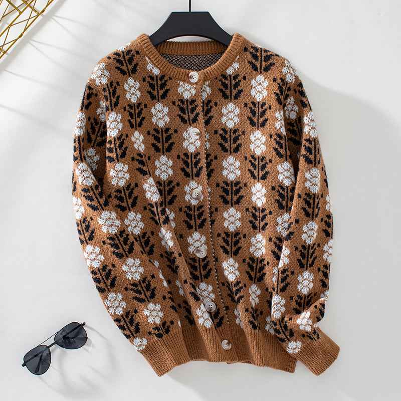 Gemütlicher Damen-Strickcardigan im Vintage-Blumenmuster