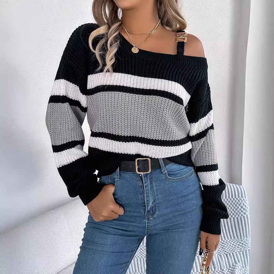 ALTHEIRA™ Lässiger gestreifter Langarm-Pullover mit asymmetrischem Ausschnitt