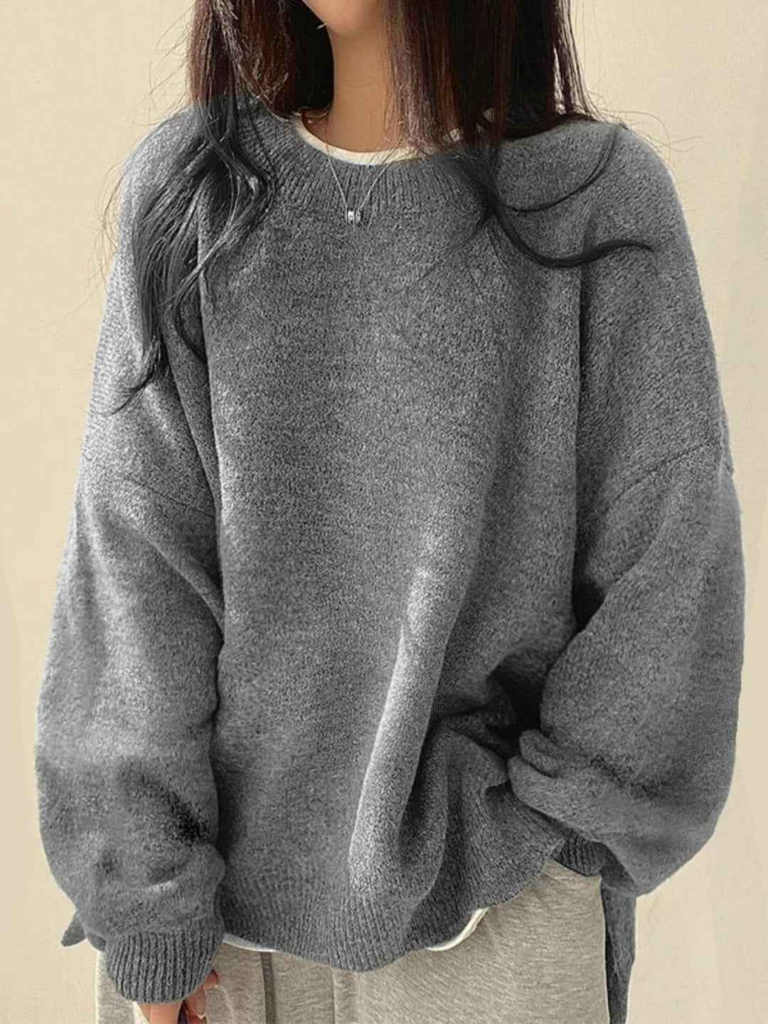 KIARA™ - Women's Drop Shoulder Split Hem Round Neck Sweater