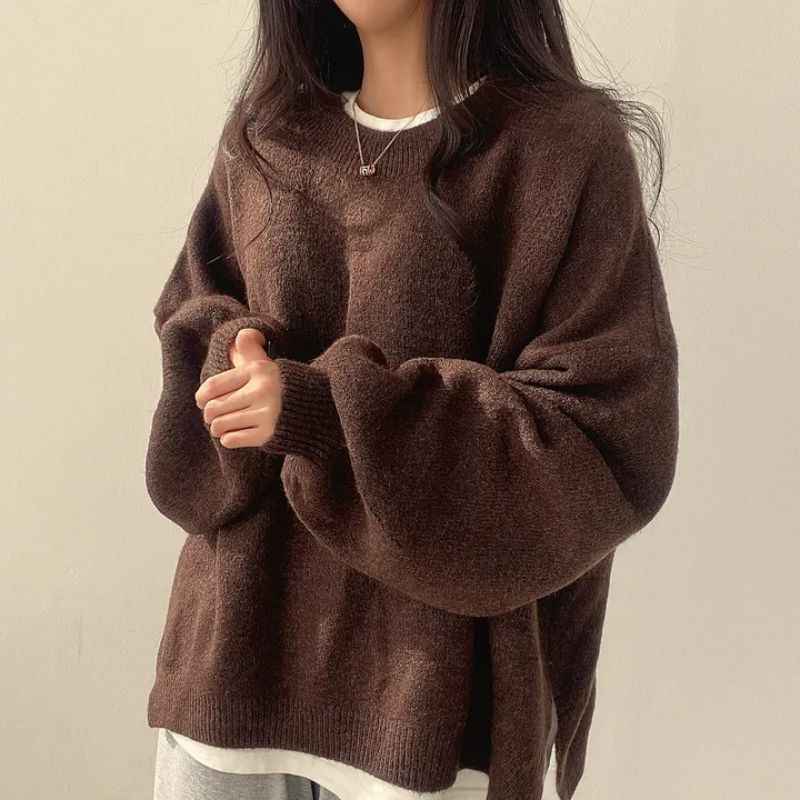 KIARA™ - Women's Drop Shoulder Split Hem Round Neck Sweater