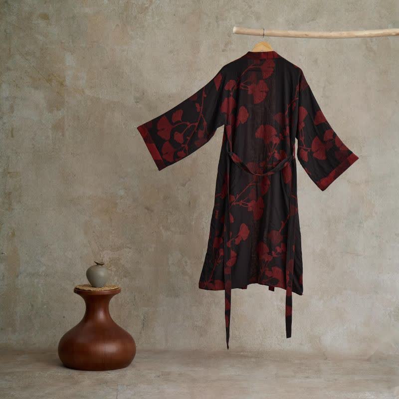 Baumwoll-Kimono-Bademantel mit wendbarem Blattmuster