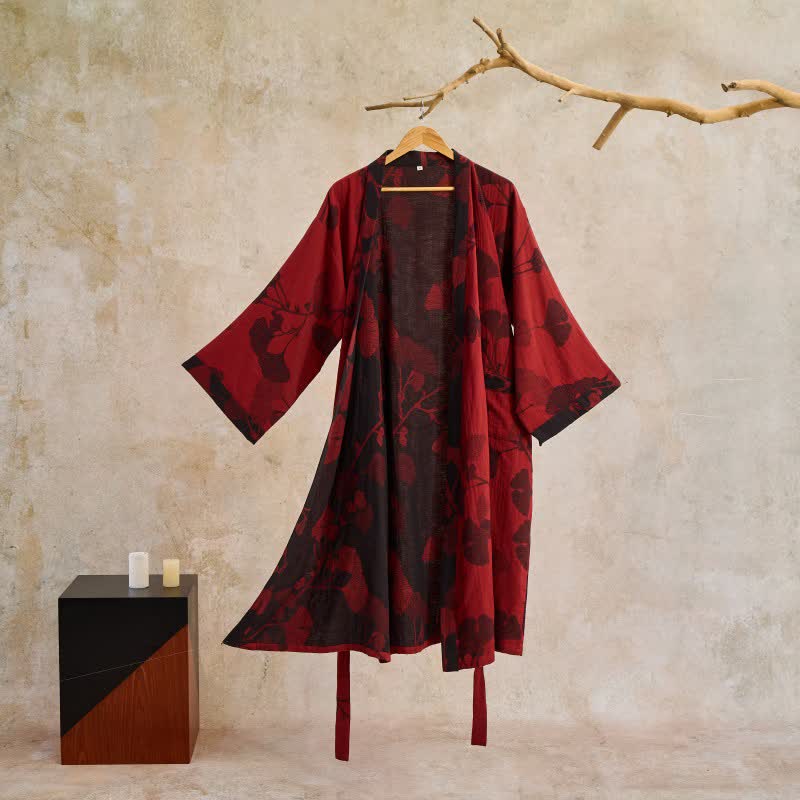 Baumwoll-Kimono-Bademantel mit wendbarem Blattmuster