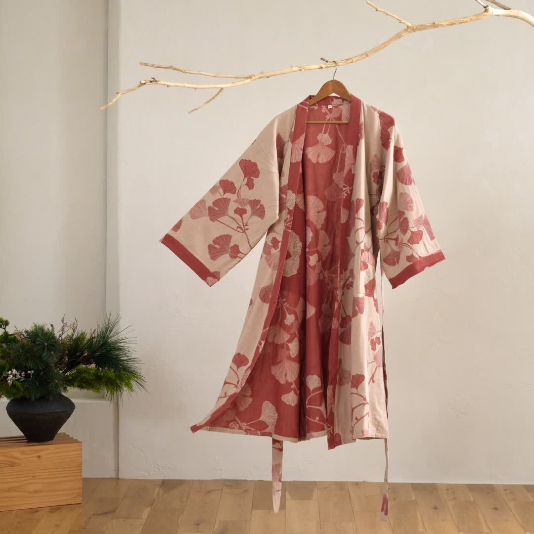 Baumwoll-Kimono-Bademantel mit wendbarem Blattmuster