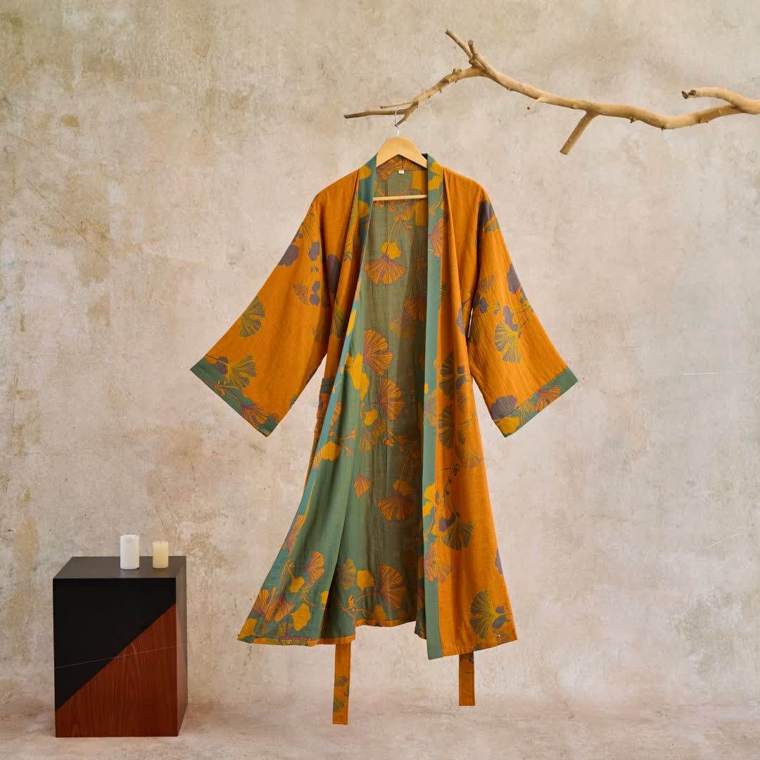 Baumwoll-Kimono-Bademantel mit wendbarem Blattmuster