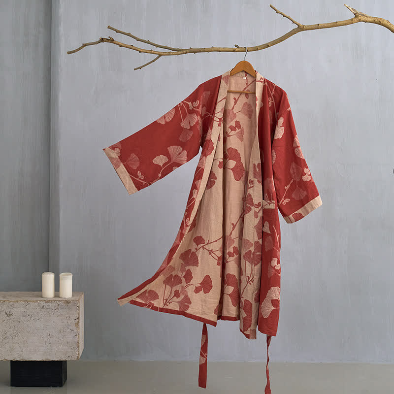 Baumwoll-Kimono-Bademantel mit wendbarem Blattmuster