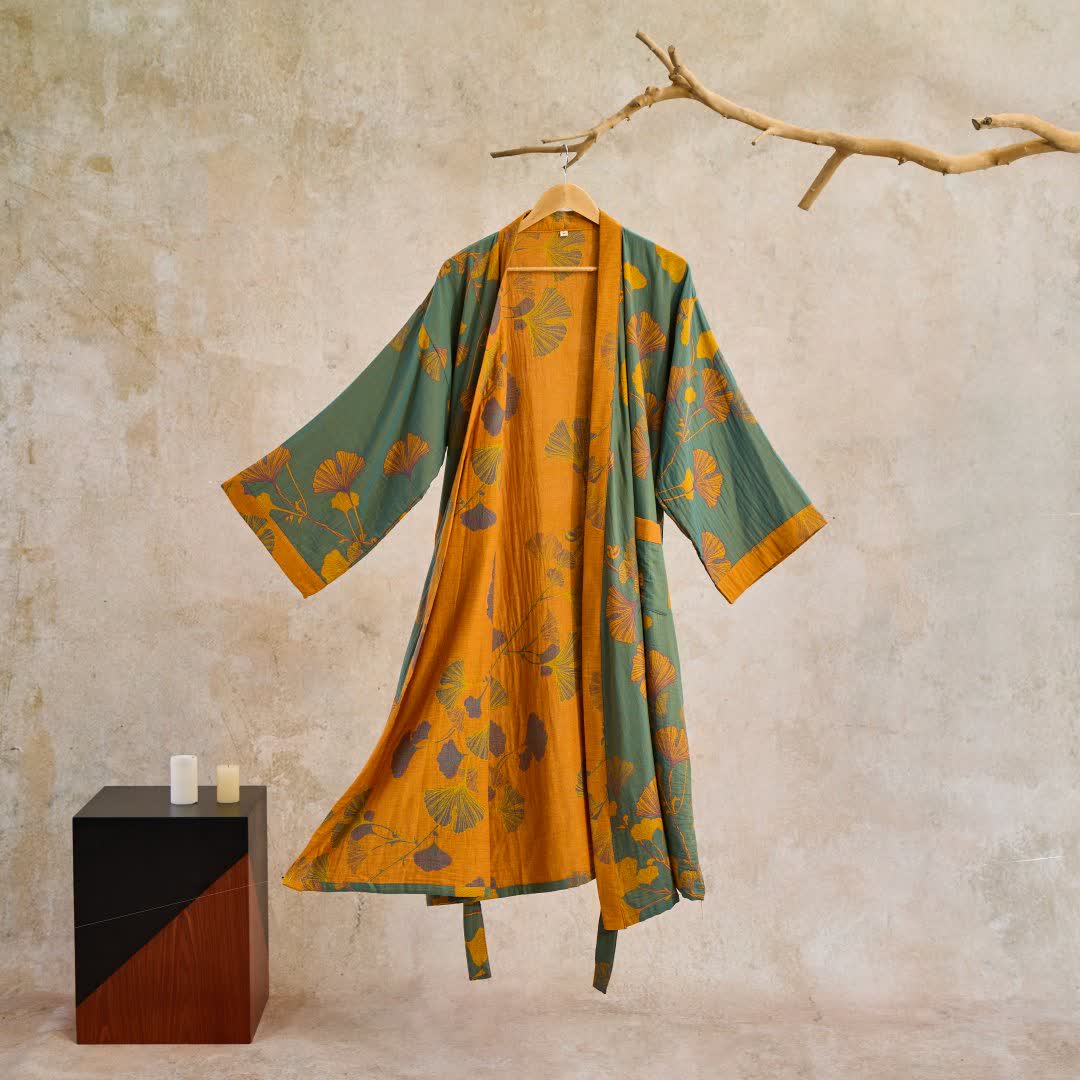 Baumwoll-Kimono-Bademantel mit wendbarem Blattmuster