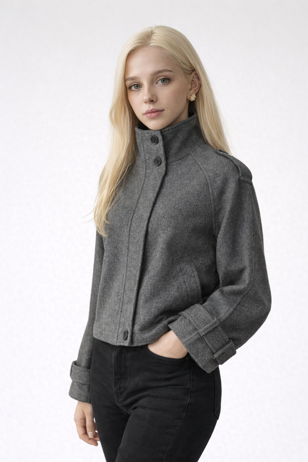 Giacca invernale vintage in lana con collo dritto e bottoni per uno stile chic e senza tempo