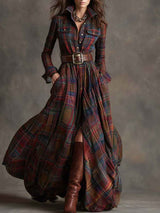 Long retro rockabilly dress with L-collar in brown-red velvety tartan