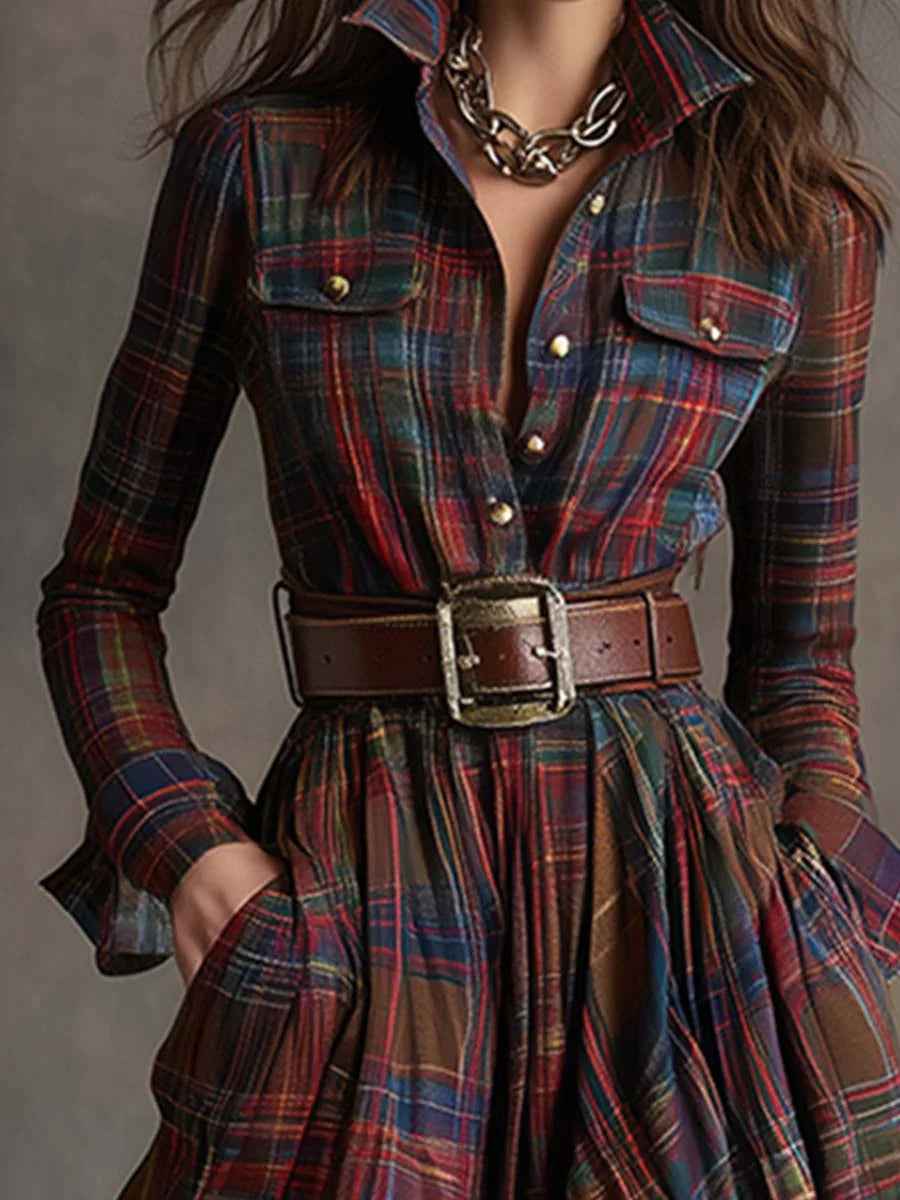 Lange Retro-Rockabilly-Kleid mit L-Kragen in braun-rot samtigem Tartan
