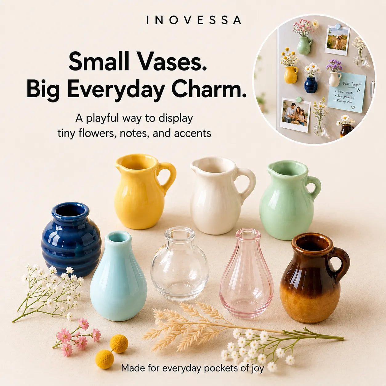 Collection of small vases in various colors with decorative elements on a light background, featuring the brand ''.