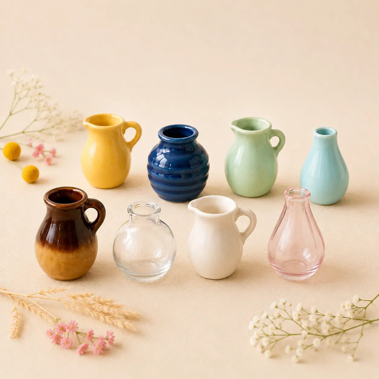 Collection of colorful ceramic vases on a beige background with flowers.
