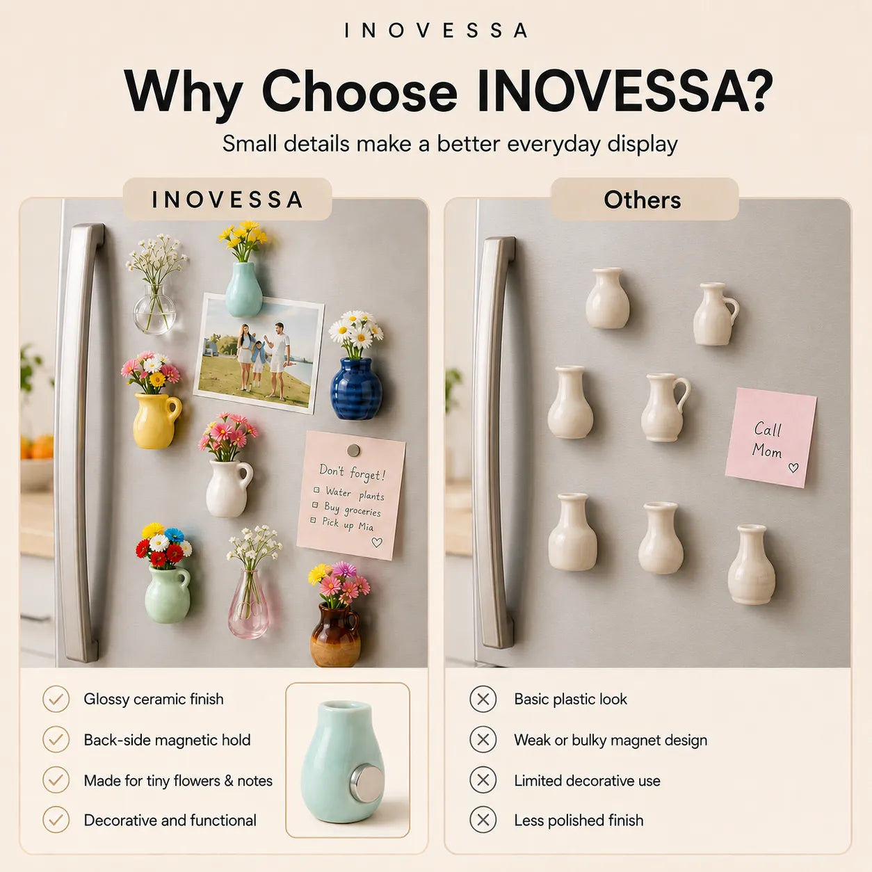 Comparison of magnetic decor with other options on a refrigerator door.