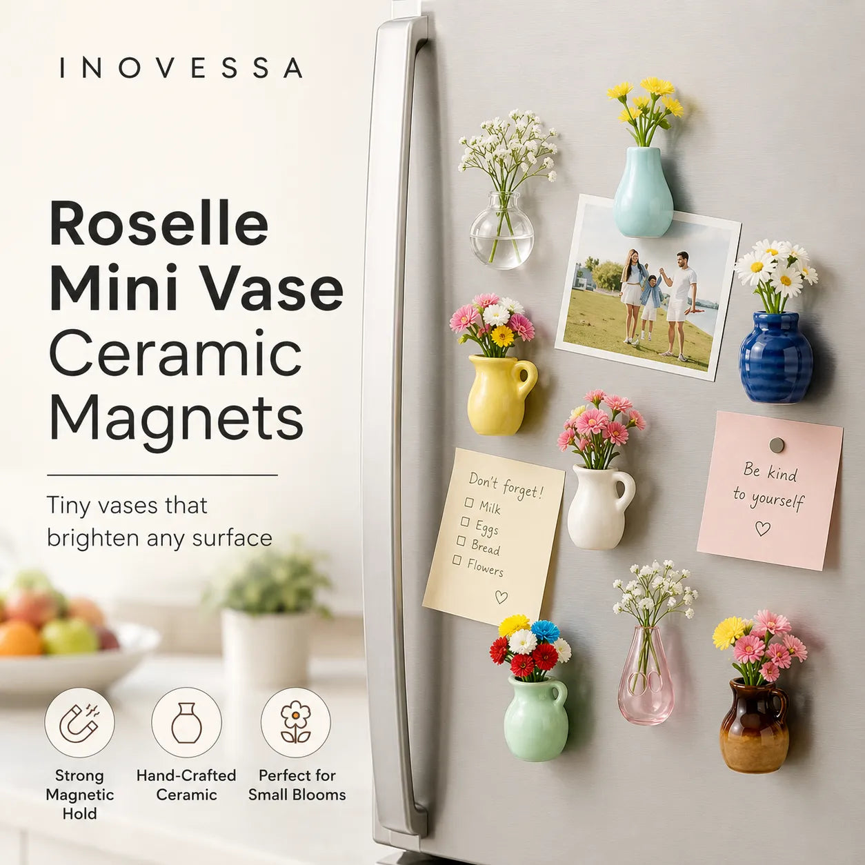 Roselle Mini Vase Ceramic Magnets displayed on a refrigerator with decorative items.