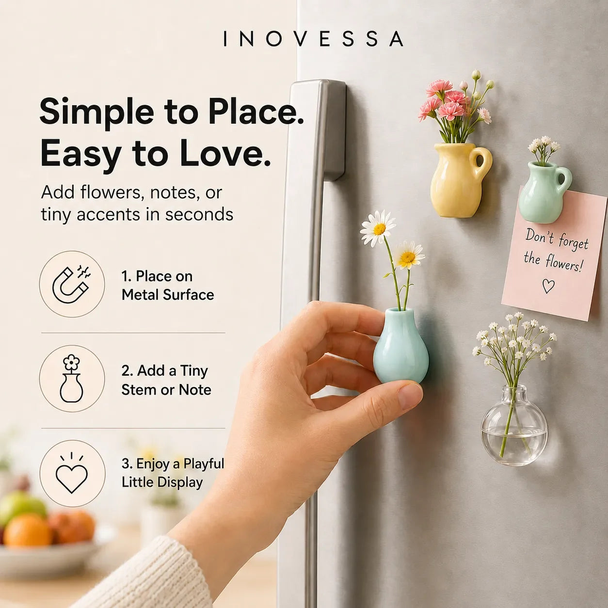 magnetic flower vases on a refrigerator with a hand placing one on the surface.