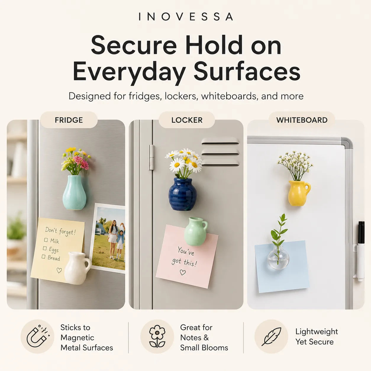 magnetic products on a refrigerator, locker, and whiteboard with decorative items.