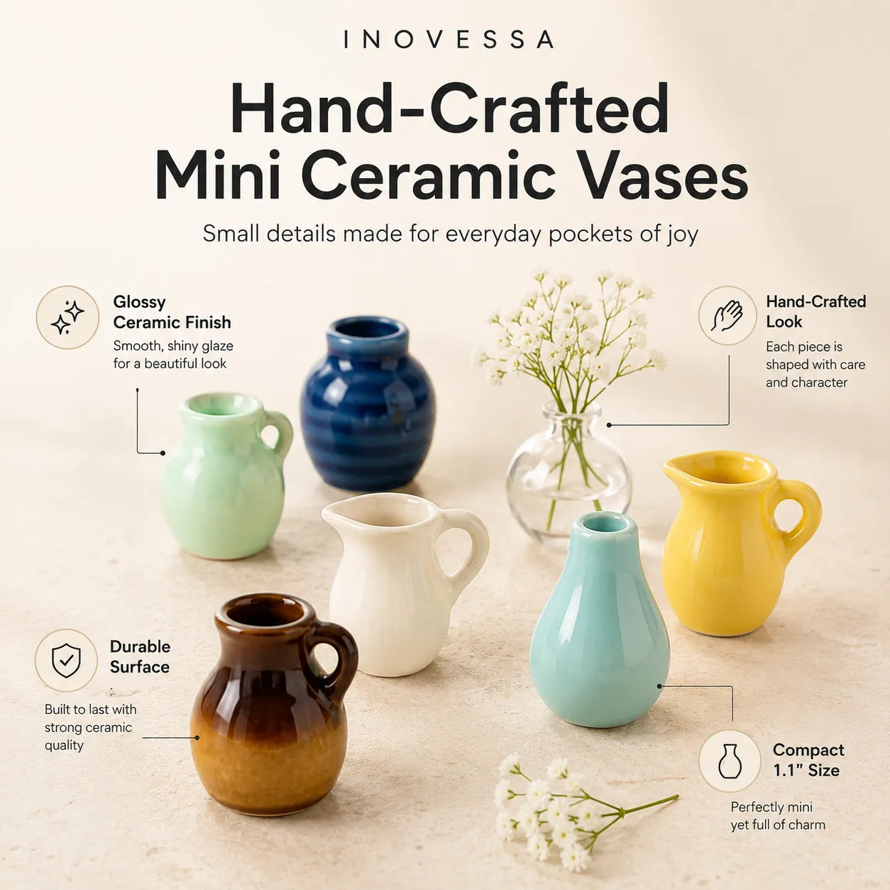 Hand-crafted mini ceramic vases with branding on a light background