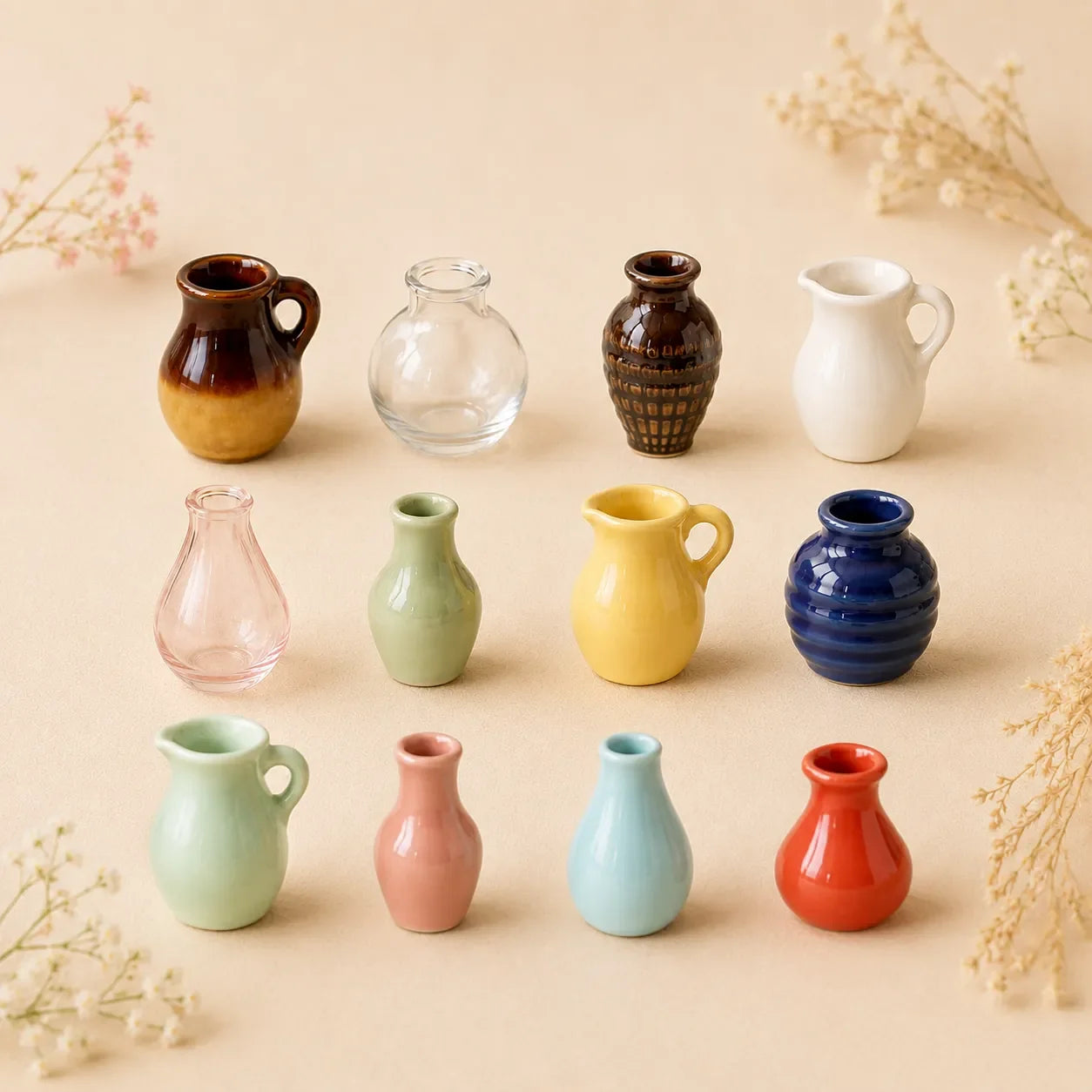 Collection of small ceramic vases in various colors on a beige background